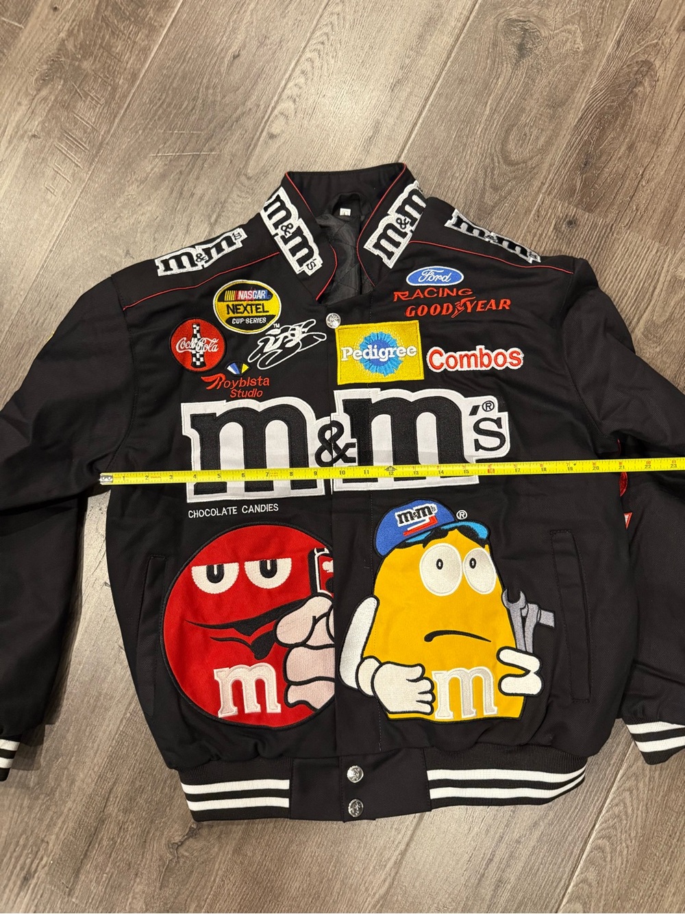 M&M'S inspired Black Bomber Nascar denim Jacket w Character Patches image 9
